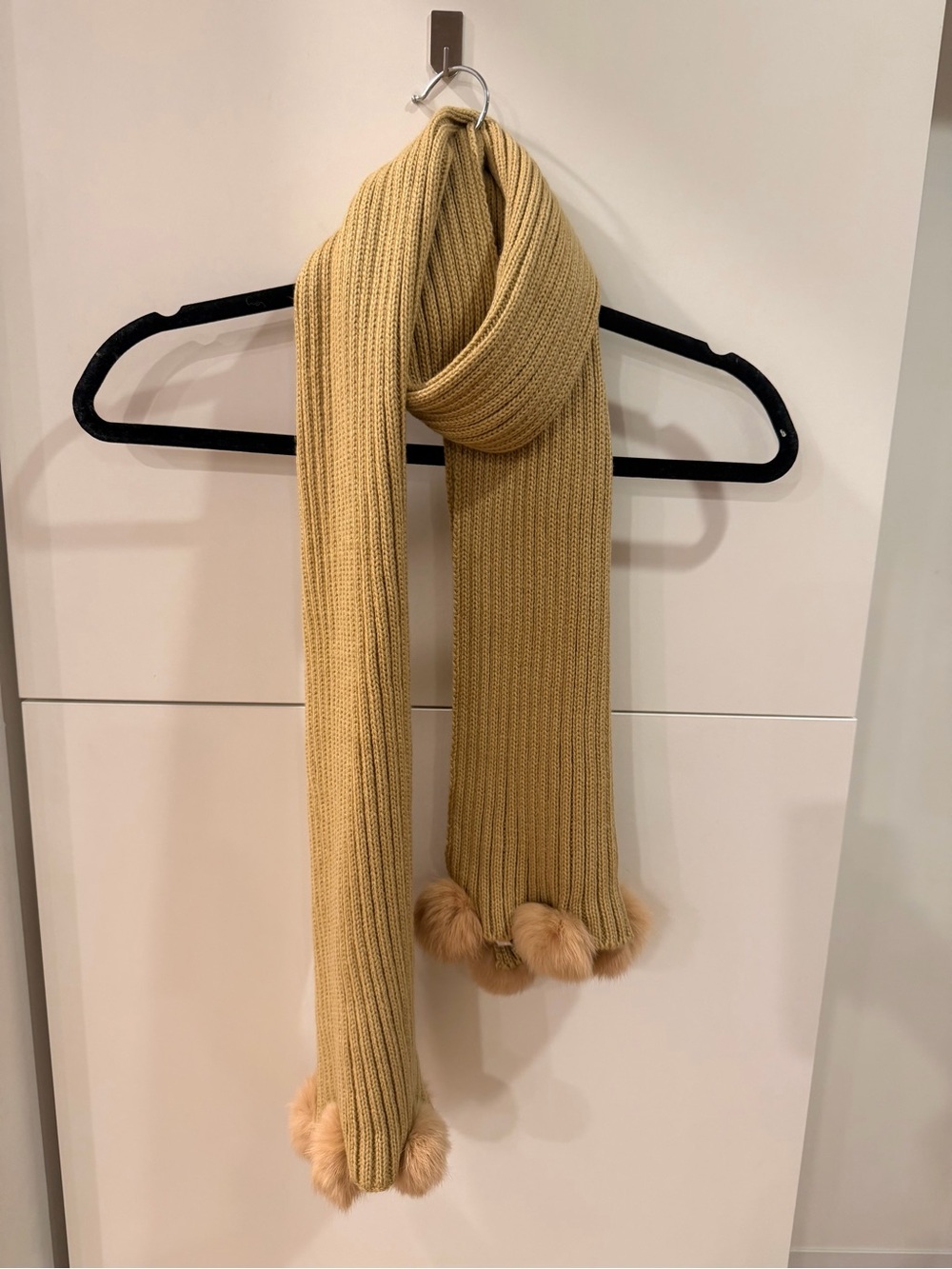 Accessory Street Beige Knit Rabbit Fur Pom Pom Scarf 95” NWOT